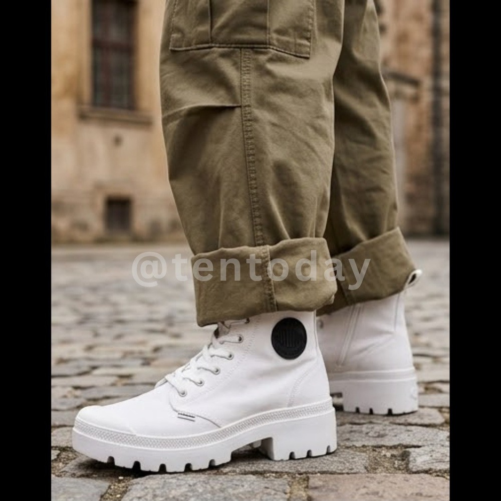 Palladium Size 7.5 White Canvas Chunky High Vegan Combat Boots Sneakers Shoes